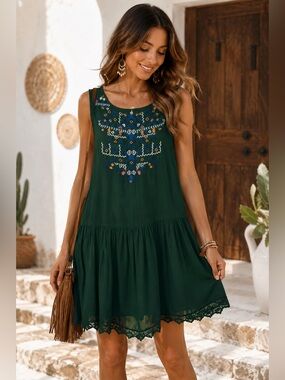 Hemant & Nandita Embroidered Mini Dress Green Boho Festival Vacation S